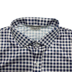 Collars & Co Mens Dress Collar Polo Shirt XL Navy Blue Gingham Golf Performance